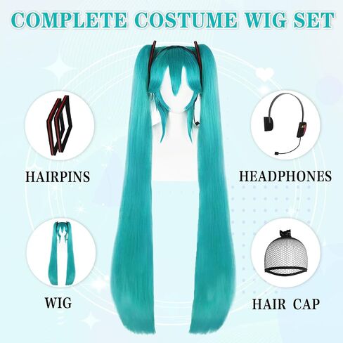 Hair Cap+47inchs Long Green Wig with Headphone and Frame Headpieces Long Teal Straight Pontail Wigs Women Double Ponytail Cosplay Wig Green Anime Costume for Cosplay Halloween Party in Saudi Arabia