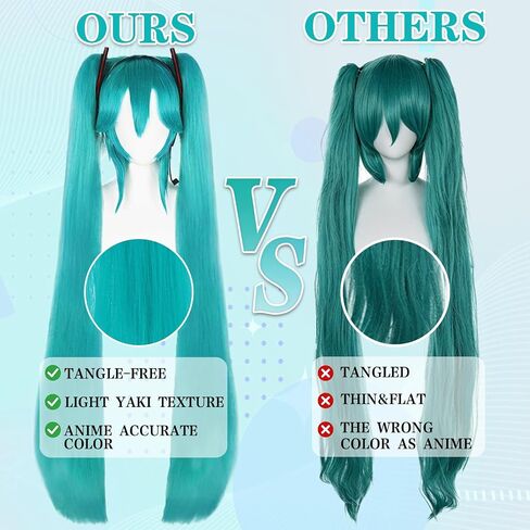 Hair Cap+47inchs Long Green Wig with Headphone and Frame Headpieces Long Teal Straight Pontail Wigs Women Double Ponytail Cosplay Wig Green Anime Costume for Cosplay Halloween Party in Saudi Arabia