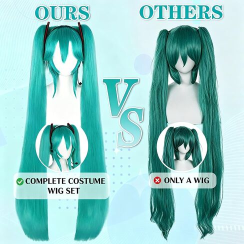 Hair Cap+47inchs Long Green Wig with Headphone and Frame Headpieces Long Teal Straight Pontail Wigs Women Double Ponytail Cosplay Wig Green Anime Costume for Cosplay Halloween Party in Saudi Arabia