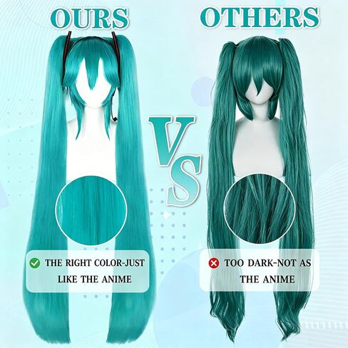 Hair Cap+47inchs Long Green Wig with Headphone and Frame Headpieces Long Teal Straight Pontail Wigs Women Double Ponytail Cosplay Wig Green Anime Costume for Cosplay Halloween Party in Saudi Arabia