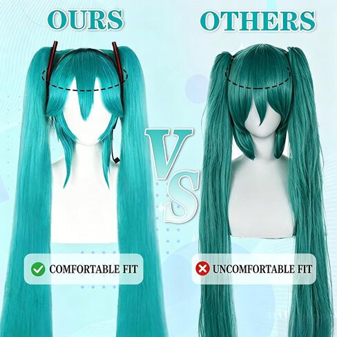 Hair Cap+47inchs Long Green Wig with Headphone and Frame Headpieces Long Teal Straight Pontail Wigs Women Double Ponytail Cosplay Wig Green Anime Costume for Cosplay Halloween Party in Saudi Arabia