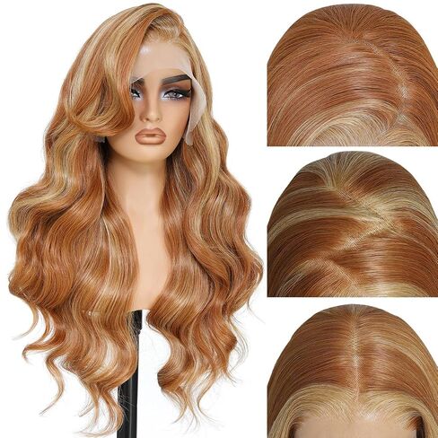 Synthetic Lace Front Wigs Pre Plucked 13x6 HD Lace Ginger Blonde Skunk Stripe Wig Body Wave 100% Futura Premium Wigs For Women 28 Inch Ready Wear Wig Beginner Friendly Daily Party Use in Kuwait