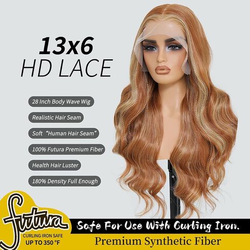 Synthetic Lace Front Wigs Pre Plucked 13x6 HD Lace Ginger Blonde Skunk Stripe Wig Body Wave 100% Futura Premium Wigs For Women 28 Inch Ready Wear Wig Beginner Friendly Daily Party Use in Kuwait