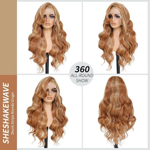 Synthetic Lace Front Wigs Pre Plucked 13x6 HD Lace Ginger Blonde Skunk Stripe Wig Body Wave 100% Futura Premium Wigs For Women 28 Inch Ready Wear Wig Beginner Friendly Daily Party Use in Kuwait