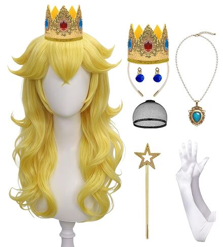 Ruina 7pcs Women Golden Blonde Princess Wig for Costume Cosplay Adults with Crown Wand Necklace Earrings Gloves Wig Cap - Wavy Wig for Halloween Birthday Party - Pre-cut Bangs & Soft R061 in Saudi Arabia