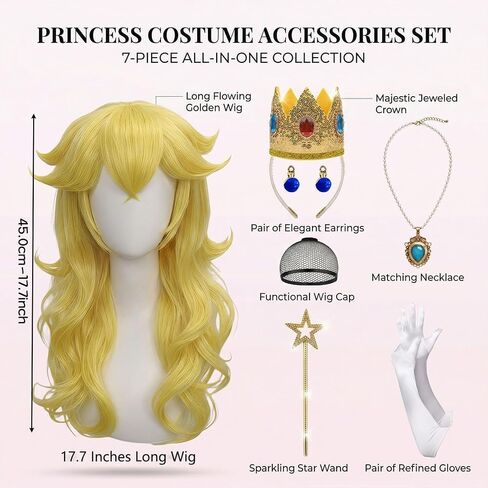 Ruina 7pcs Women Golden Blonde Princess Wig for Costume Cosplay Adults with Crown Wand Necklace Earrings Gloves Wig Cap - Wavy Wig for Halloween Birthday Party - Pre-cut Bangs & Soft R061 in Saudi Arabia