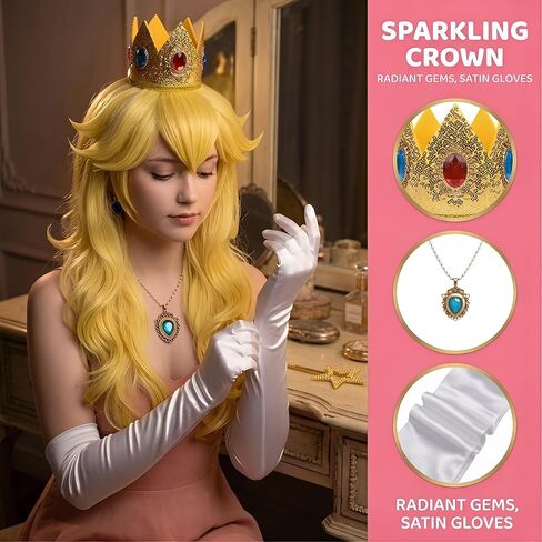 Ruina 7pcs Women Golden Blonde Princess Wig for Costume Cosplay Adults with Crown Wand Necklace Earrings Gloves Wig Cap - Wavy Wig for Halloween Birthday Party - Pre-cut Bangs & Soft R061 in Saudi Arabia