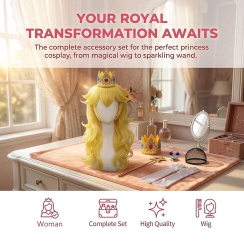 Ruina 7pcs Women Golden Blonde Princess Wig for Costume Cosplay Adults with Crown Wand Necklace Earrings Gloves Wig Cap - Wavy Wig for Halloween Birthday Party - Pre-cut Bangs & Soft R061 in Saudi Arabia