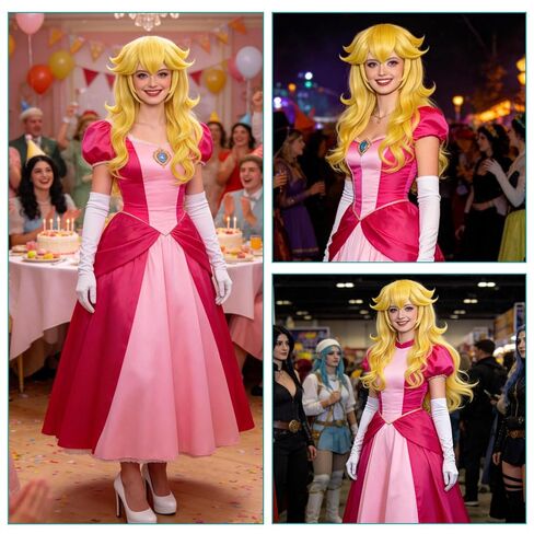 Ruina 7pcs Women Golden Blonde Princess Wig for Costume Cosplay Adults with Crown Wand Necklace Earrings Gloves Wig Cap - Wavy Wig for Halloween Birthday Party - Pre-cut Bangs & Soft R061 in Saudi Arabia