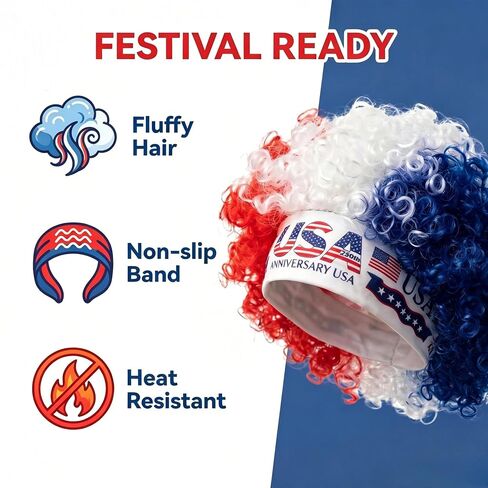 Beyond Normal 4th of July Patriotic Red White Blue Afro Headband Wig | 250th Anniversary USA Party, Heat-Resistant Fiber in Saudi Arabia