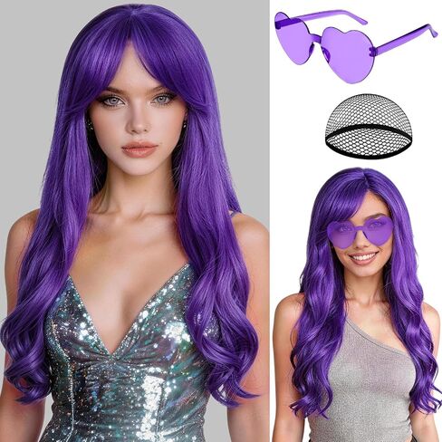 PLULON Dark Purple Long Curly Wigs with Heart Sunglasses for Women, Colored Curly Wavy Wig 28 Inch Synthetic Hair with Hair Cap for Neon Party Mardi Gras Costume Cosplay Bachelorette Club Stage in Kuwait