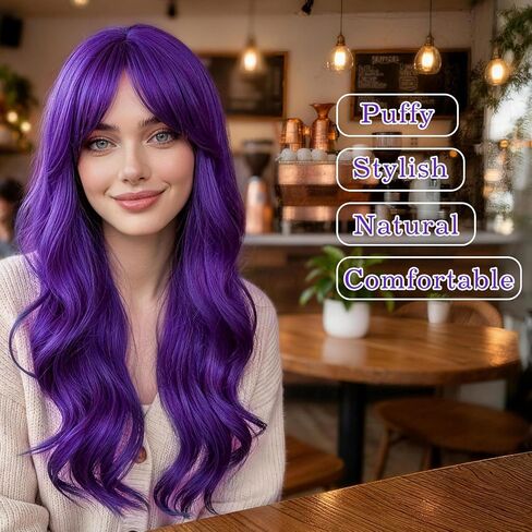 PLULON Dark Purple Long Curly Wigs with Heart Sunglasses for Women, Colored Curly Wavy Wig 28 Inch Synthetic Hair with Hair Cap for Neon Party Mardi Gras Costume Cosplay Bachelorette Club Stage in Kuwait