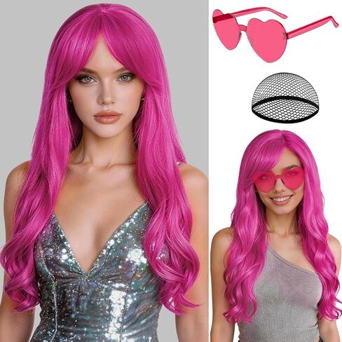 PLULON Dark Purple Long Curly Wigs with Heart Sunglasses for Women, Colored Curly Wavy Wig 28 Inch Synthetic Hair with Hair Cap for Neon Party Mardi Gras Costume Cosplay Bachelorette Club Stage in Kuwait