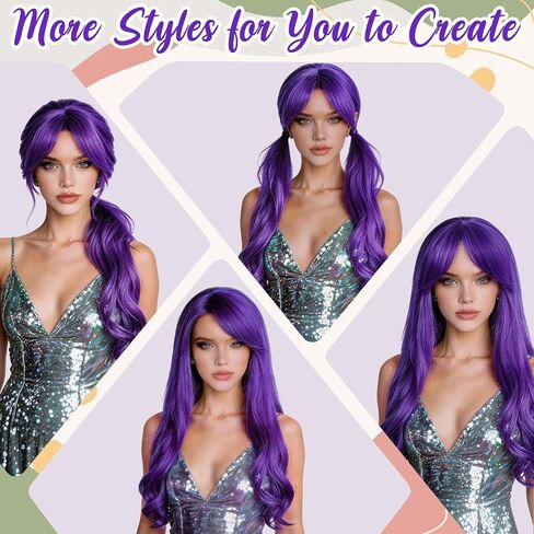 PLULON Dark Purple Long Curly Wigs with Heart Sunglasses for Women, Colored Curly Wavy Wig 28 Inch Synthetic Hair with Hair Cap for Neon Party Mardi Gras Costume Cosplay Bachelorette Club Stage in Kuwait