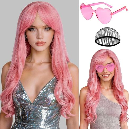 PLULON Dark Purple Long Curly Wigs with Heart Sunglasses for Women, Colored Curly Wavy Wig 28 Inch Synthetic Hair with Hair Cap for Neon Party Mardi Gras Costume Cosplay Bachelorette Club Stage in Kuwait