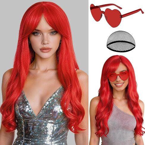 PLULON Dark Purple Long Curly Wigs with Heart Sunglasses for Women, Colored Curly Wavy Wig 28 Inch Synthetic Hair with Hair Cap for Neon Party Mardi Gras Costume Cosplay Bachelorette Club Stage in Kuwait