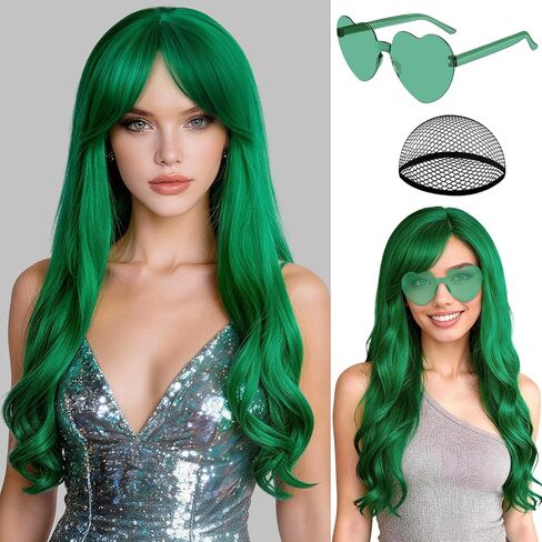 PLULON Dark Purple Long Curly Wigs with Heart Sunglasses for Women, Colored Curly Wavy Wig 28 Inch Synthetic Hair with Hair Cap for Neon Party Mardi Gras Costume Cosplay Bachelorette Club Stage in Kuwait