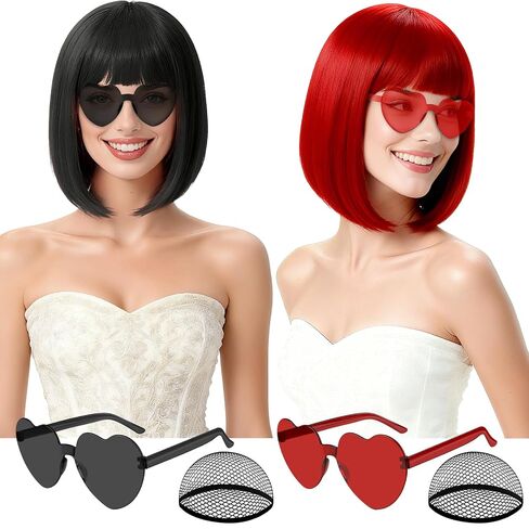 2 Pack Pink Short Bob Wig with Bangs for Women, Girls Neon Bobs Colorful Party Wigs with Heart Sunglasses for Princess Fairy Theme Party Outfit Birthday Cosplay Valentine's Day Daily Fun in Kuwait