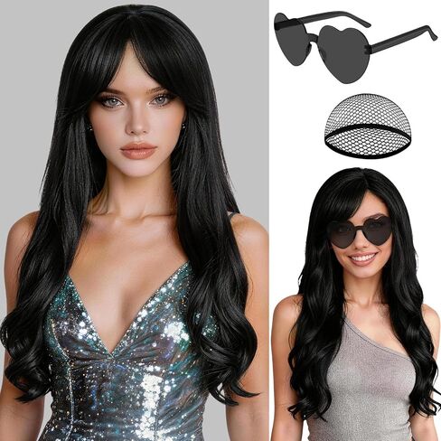 PLULON Dark Purple Long Curly Wigs with Heart Sunglasses for Women, Colored Curly Wavy Wig 28 Inch Synthetic Hair with Hair Cap for Neon Party Mardi Gras Costume Cosplay Bachelorette Club Stage in Kuwait