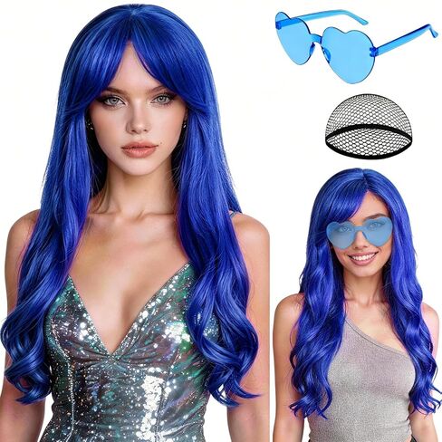 PLULON Dark Purple Long Curly Wigs with Heart Sunglasses for Women, Colored Curly Wavy Wig 28 Inch Synthetic Hair with Hair Cap for Neon Party Mardi Gras Costume Cosplay Bachelorette Club Stage in Kuwait