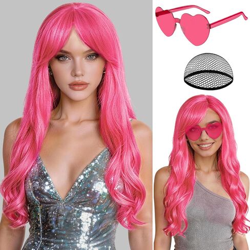 PLULON Dark Purple Long Curly Wigs with Heart Sunglasses for Women, Colored Curly Wavy Wig 28 Inch Synthetic Hair with Hair Cap for Neon Party Mardi Gras Costume Cosplay Bachelorette Club Stage in Kuwait