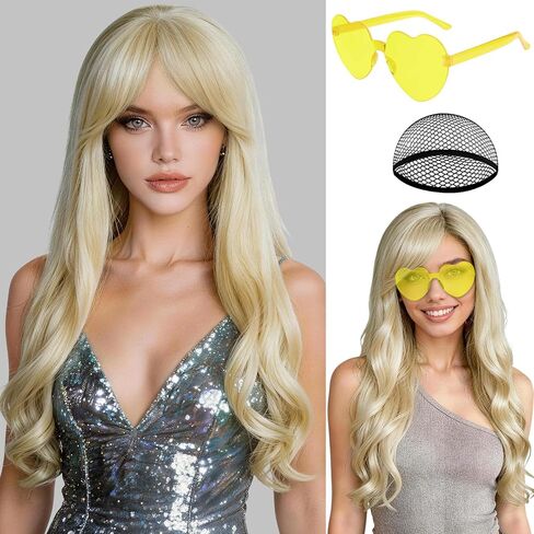 PLULON Dark Purple Long Curly Wigs with Heart Sunglasses for Women, Colored Curly Wavy Wig 28 Inch Synthetic Hair with Hair Cap for Neon Party Mardi Gras Costume Cosplay Bachelorette Club Stage in Kuwait