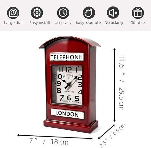 YOUKI Clock for Bedroom,Desk Clock,Telephone Booth Shelf Clock for Office Living Room Kitchen Bathroom,Industrial Home Decor, Battery Operated,Non Ticking,Large dial, Easy to Read,Red in Saudi Arabia