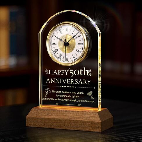 50th Anniversary Wedding Gifts, 50 Year Wedding Anniversary Clock, 50th Anniversary Marriage Gift for Couple, Parents, Him, Her (Wooden Base with LED Light) in Saudi Arabia