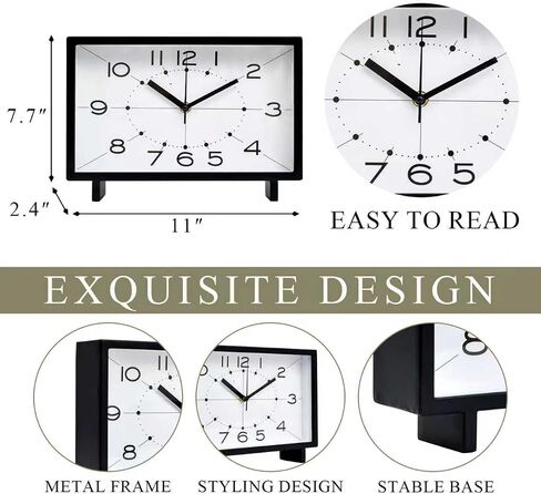 Modern Black Desk Clock - 11 Inch Large Silent Table Clock, Non-Ticking Quartz Battery Operated Mantel Clock with Easy Read Arabic Numerals for Bedroom, Office, Living Room Decor in Saudi Arabia