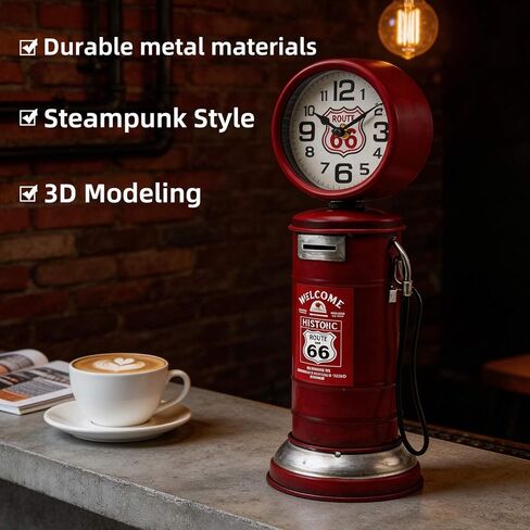 YOUKI Steampunk Digital Clock,Decorative Clocks for Shelf,Route 66 Man Cave Decor,Desk Clock for Living Room,Bedroom,Office,Garage,Battery Operated,Silent Non Ticking,Red in Saudi Arabia