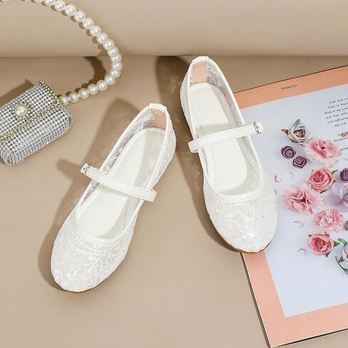 Lace Flats for Girls Mesh Embroidered Flower Girl Lace Mary Jane Shoes Wedding Party Round Toe Ballet Flats Ballerina with Strap Dressy Dress Floral Sequin Cute Little Kids in Saudi Arabia