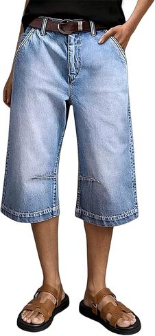 Flamingals High Rise Wide Leg Capri Jeans for Women Wash Stitch Detail Stretchy Loose Fit Crop Denim Pants Without Belt in Kuwait