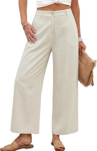KICZOY Womens Linen Wide Leg Pants Casual Zipper Front Summer Cropped Trousers Dressy Pants with Pockets in Saudi Arabia