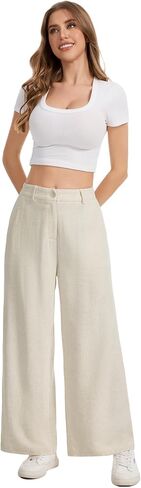 KICZOY Womens Linen Wide Leg Pants Casual Zipper Front Summer Cropped Trousers Dressy Pants with Pockets in Saudi Arabia