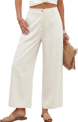 KICZOY Womens Linen Wide Leg Pants Casual Zipper Front Summer Cropped Trousers Dressy Pants with Pockets in Saudi Arabia