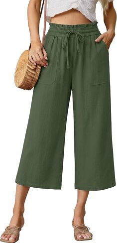 KICZOY Womens Linen Wide Leg Pants Casual Zipper Front Summer Cropped Trousers Dressy Pants with Pockets in Saudi Arabia