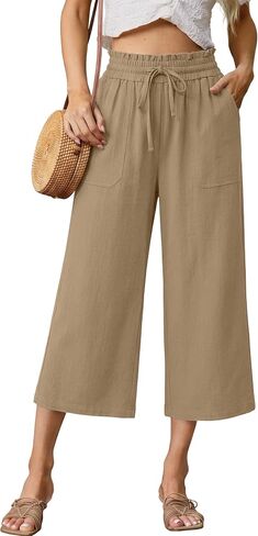 KICZOY Womens Linen Wide Leg Pants Casual Zipper Front Summer Cropped Trousers Dressy Pants with Pockets in Saudi Arabia