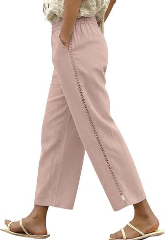 KICZOY Womens Linen Wide Leg Pants Casual Zipper Front Summer Cropped Trousers Dressy Pants with Pockets in Saudi Arabia