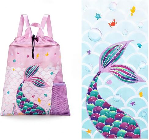 WAWSAM Mermaid Girls Drawstring Backpack & Beach Towel, 15" × 17" Waterproof Swim Beach Bag Gym Bag, 30" x 60" Sand Free Swim Towel for Girls Bath Pool Camping Travel Towel in Kuwait