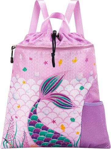 WAWSAM Mermaid Girls Drawstring Backpack & Beach Towel, 15" × 17" Waterproof Swim Beach Bag Gym Bag, 30" x 60" Sand Free Swim Towel for Girls Bath Pool Camping Travel Towel in Kuwait