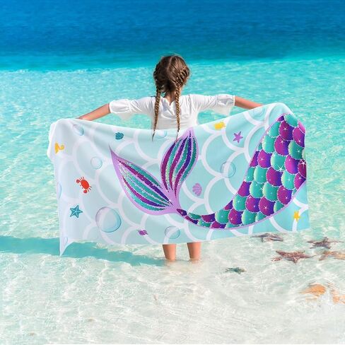 WAWSAM Mermaid Girls Drawstring Backpack & Beach Towel, 15" × 17" Waterproof Swim Beach Bag Gym Bag, 30" x 60" Sand Free Swim Towel for Girls Bath Pool Camping Travel Towel in Kuwait