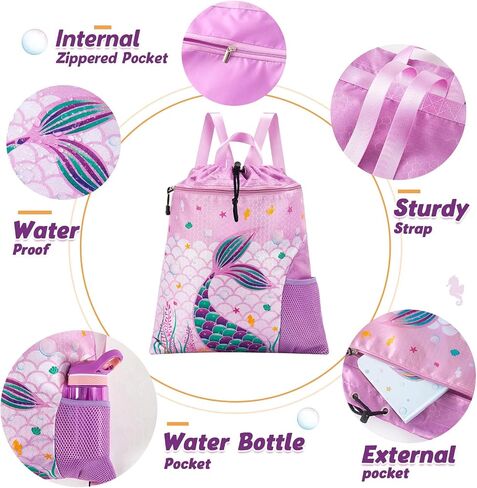 WAWSAM Mermaid Girls Drawstring Backpack & Beach Towel, 15" × 17" Waterproof Swim Beach Bag Gym Bag, 30" x 60" Sand Free Swim Towel for Girls Bath Pool Camping Travel Towel in Kuwait