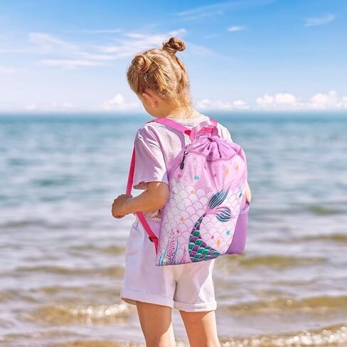 WAWSAM Mermaid Girls Drawstring Backpack & Beach Towel, 15" × 17" Waterproof Swim Beach Bag Gym Bag, 30" x 60" Sand Free Swim Towel for Girls Bath Pool Camping Travel Towel in Kuwait