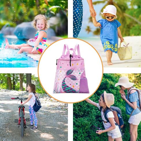WAWSAM Mermaid Girls Drawstring Backpack & Beach Towel, 15" × 17" Waterproof Swim Beach Bag Gym Bag, 30" x 60" Sand Free Swim Towel for Girls Bath Pool Camping Travel Towel in Kuwait
