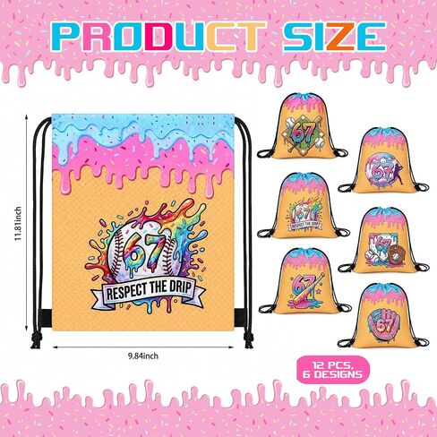 CrystalSylara 12 Pcs 67 Ice Cream Drip Baseball Drawstring Bags 9.84 x 11.81 Inch Sports Party Goodie Bag Favors Baseball Gift Bags for Meme 67 Themed Travel Camp Sport Teams Birthday Party Supplies in Kuwait