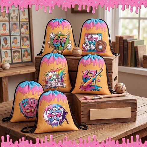 CrystalSylara 12 Pcs 67 Ice Cream Drip Baseball Drawstring Bags 9.84 x 11.81 Inch Sports Party Goodie Bag Favors Baseball Gift Bags for Meme 67 Themed Travel Camp Sport Teams Birthday Party Supplies in Kuwait