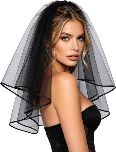 Black Wedding Veil Satin Edge Veil Short Center Cascade Bridal Veils Fingertip Halloween Veils Bride Hair Accessories for Women Bridal Shower Bachelorette Party in Kuwait