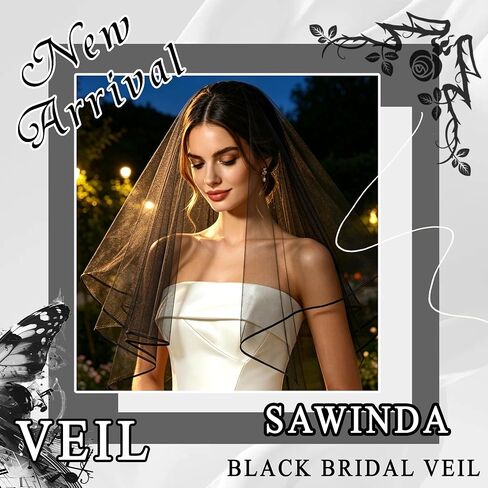 Black Wedding Veil Satin Edge Veil Short Center Cascade Bridal Veils Fingertip Halloween Veils Bride Hair Accessories for Women Bridal Shower Bachelorette Party in Kuwait
