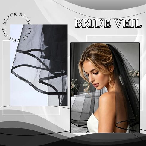 Black Wedding Veil Satin Edge Veil Short Center Cascade Bridal Veils Fingertip Halloween Veils Bride Hair Accessories for Women Bridal Shower Bachelorette Party in Kuwait