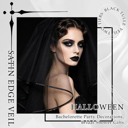 Black Wedding Veil Satin Edge Veil Short Center Cascade Bridal Veils Fingertip Halloween Veils Bride Hair Accessories for Women Bridal Shower Bachelorette Party in Kuwait